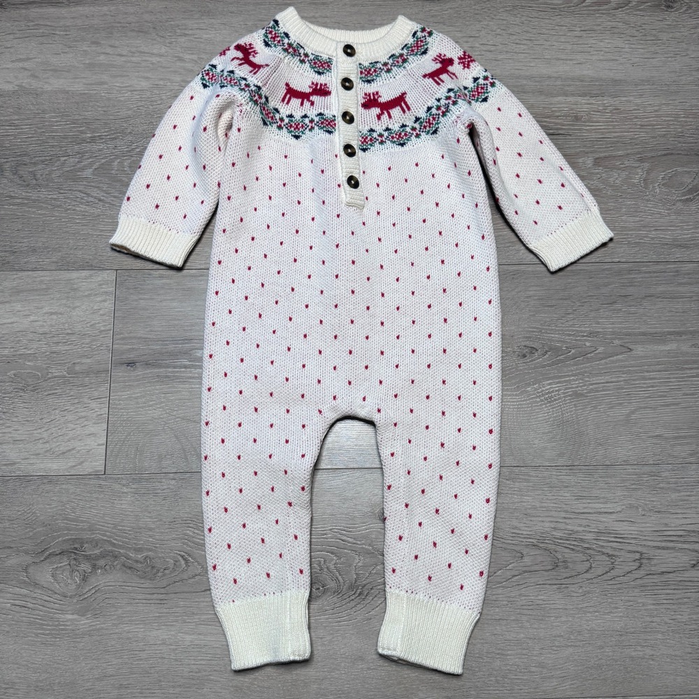 Hanna Andersson Fair‎ Isle Reindeer Sweater Romper 12-18 Months Cream Red 67226